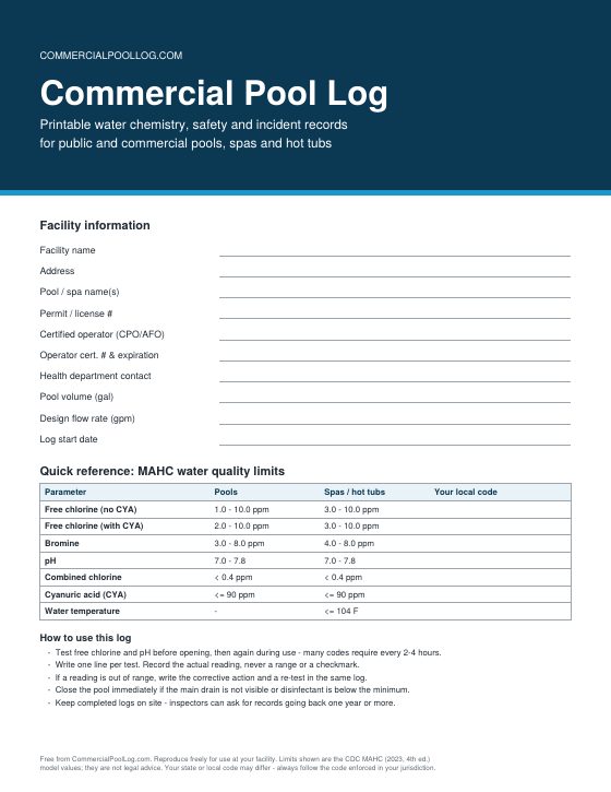 Pool log sheet PDF cover page with facility information fields and CDC MAHC chemical reference ranges