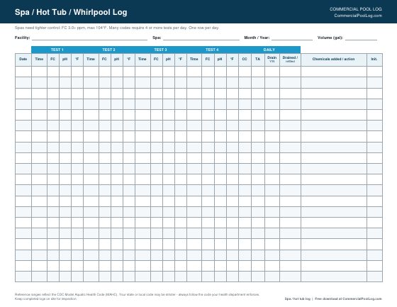 Hot tub and spa log sheet with four timed tests per day for chlorine, pH and temperature