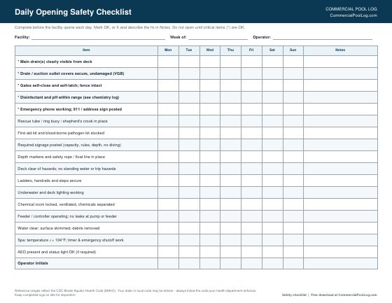 Pool opening safety checklist with drain cover, gate, rescue equipment and signage checks for seven days