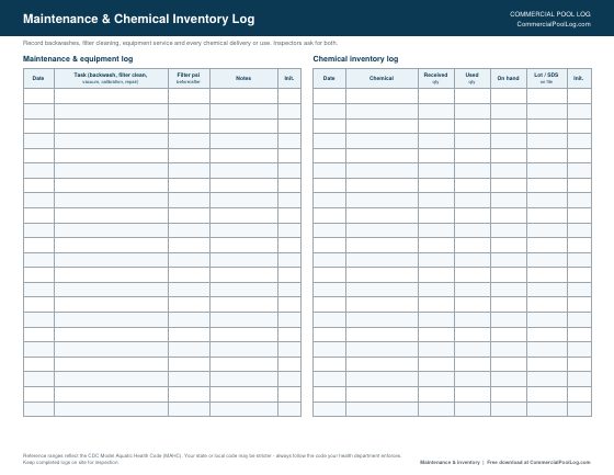Printable pool maintenance log sheet with date, task, filter pressure before and after, notes and initials, next to a chemical inventory log